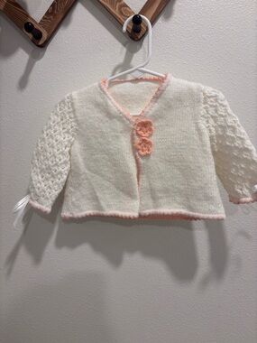 Baby Girl White Knit Cardigan with Pink Trim
